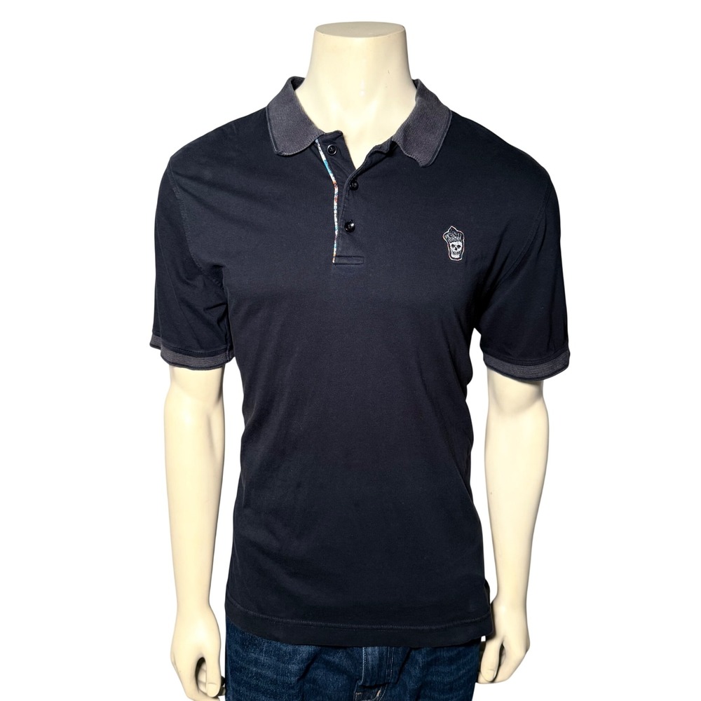 Robert Graham Polo Shirt Mens L Black Good Embroidered Skull Paisley Trim Cotton